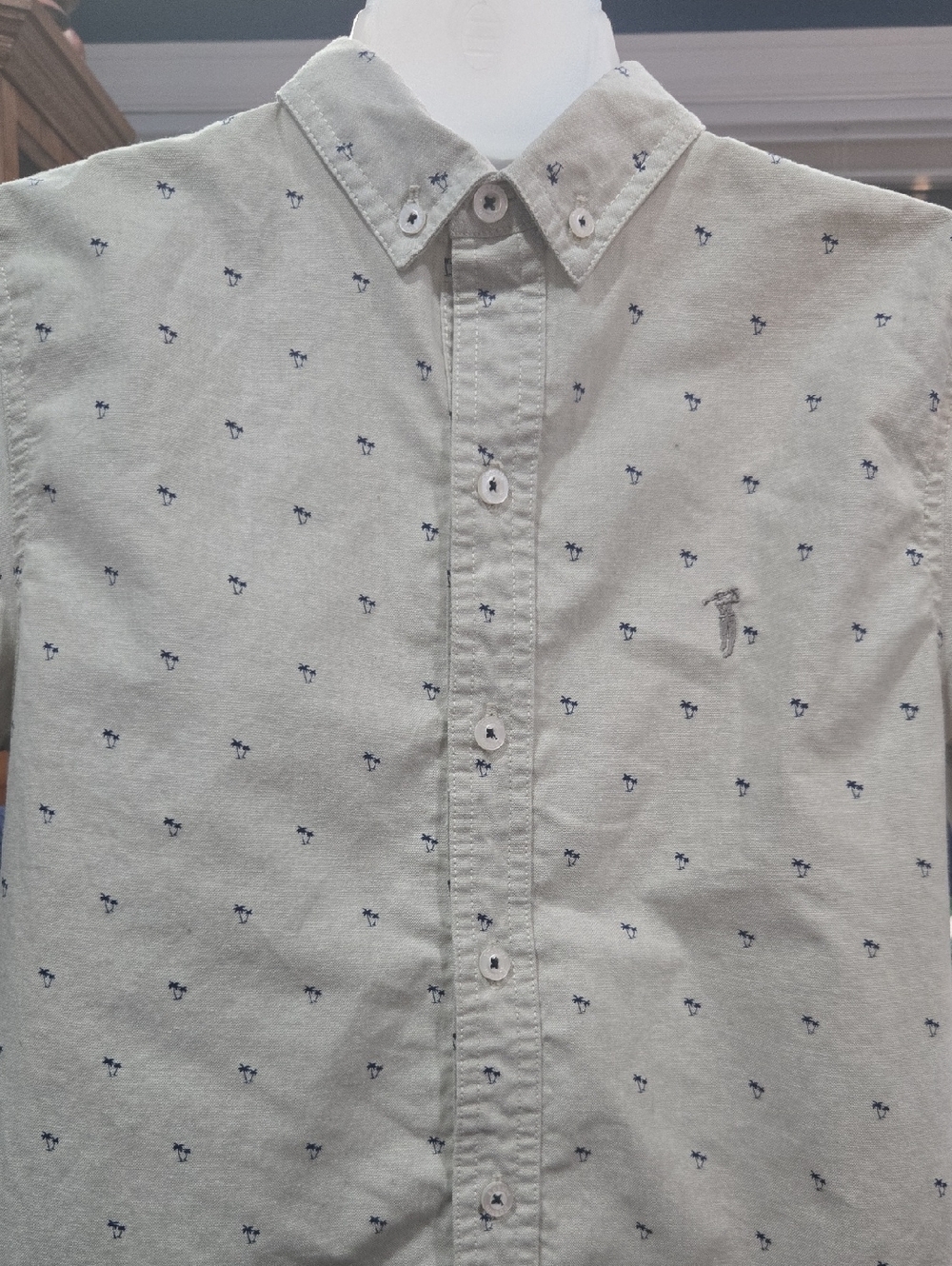 Bossini Light Green Short Sleeve Button-Down Shirt, Navy Pine Trees, Medium